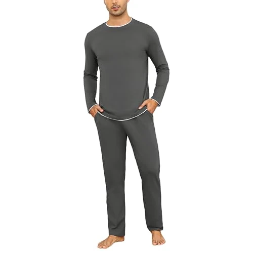 Aseniza Men's Winter Pyjamas Long Sleeve Cotton Simple Elegant Pyjamas Soft Loungewear, 466-Dark Grey, 3XL