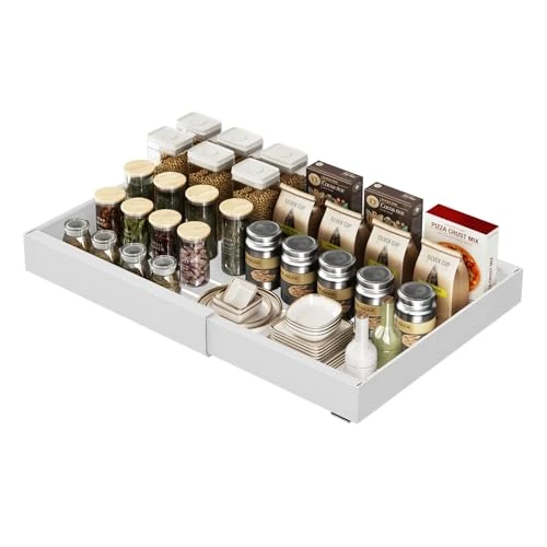 JOUING Pull Out Cabinet Organiser Metal Drawer Organiser for Kitchen Cupboard No Drill Adjustable Drawer for Bathroom Storage Expandable Slide Out Drawer for Armoire White