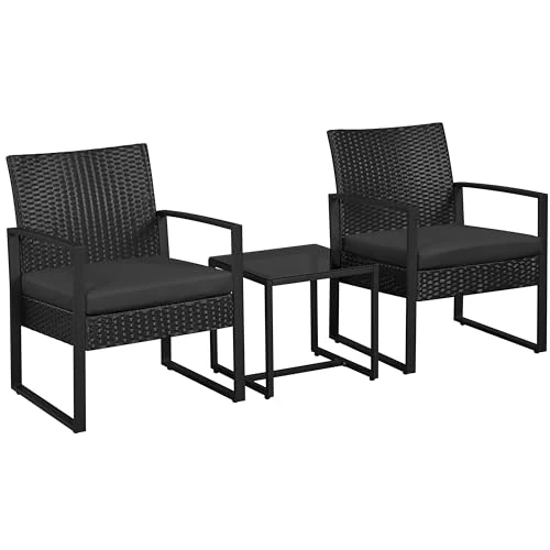 Yaheetech Ensemble de Meubles de Jardin en Poly rotin 2 chaises et Table de Balcon avec Coussins extérieur intérieur Noir