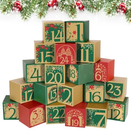 BOFUNX 24pcs Advent Calendar Box Christmas Advent Calendar DIY Christmas Candy Box with Stickers Numbers for Biscuits Confetti Christmas Party