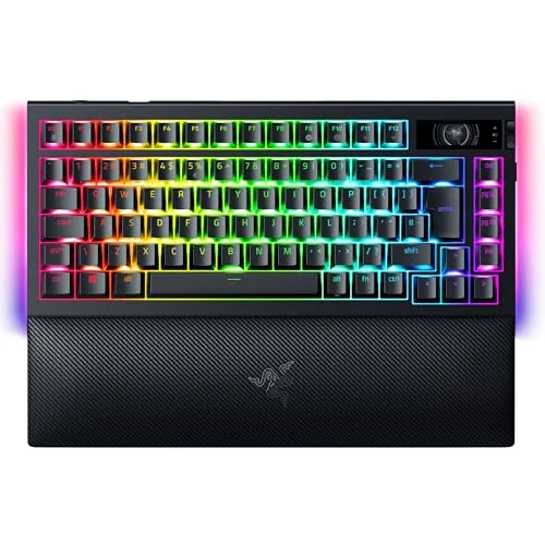 Offerta a tempo: Razer BlackWidow V4 Pro 75% - Tastiera da gioco wireless sostituibile a caldo - Display OLED (ghiera dei comandi, 4K Hz e connettività Bluetooth, poggiapolsi magnetico) Layout US ISO | Nero - 16% da 349.99 € a 293.76 €