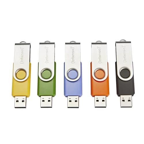 Intenso Basic Line USB-sticks, 5 x 64 GB, USB 2.0, met praktische etiketten, geel, groen, zwart, blauw + oranje, met zilveren metalen beugel
