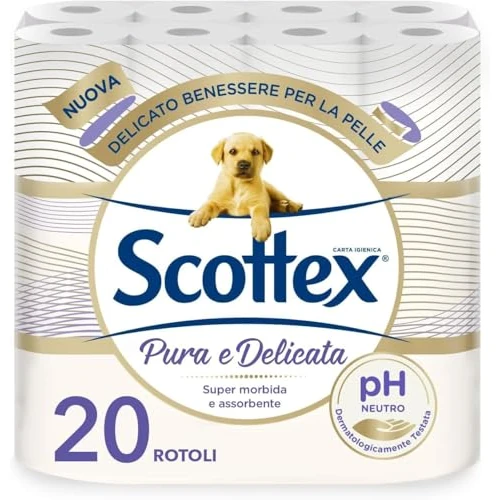 Scottex Pure and Gentle Toilet Paper, Soft and Absorbent, 5 Ply PH, Neutral and Dermatologically Tested, 20 Pcs