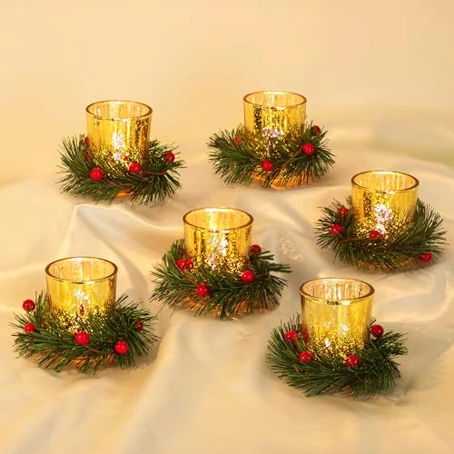 Tijdelijke aanbieding: Kerst Tafeldecoraties Kaarsenhouders: Hewory 6 stuks Kerst Theelichthouders met Krans Ring Rode Bessen voor Xmas Centrepiece Indoor Ornamenten van 21.99 EUR naar 21.99 EUR (korting 0%)