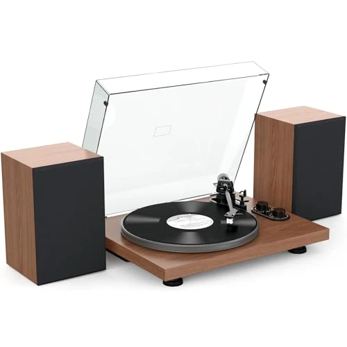 Udreamer platenspeler Bluetooth Hi-Fi-systeem met 40W boekenplankluidsprekers, vinylspelers met aluminium draaiplateau, riemaandrijving 2 snelheden, AT-3600L, bruin