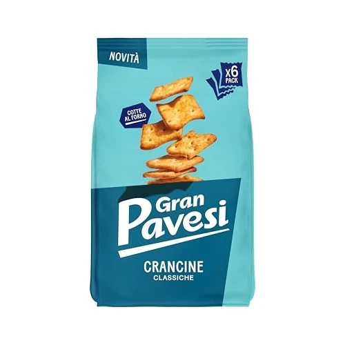 Gran Pavesi Cracker Le Crancine Sabor Clásico, Horneado, Sabor Salado y Crujiente, Sin Aceite de Palma, Paquete de 6 Porciones Individuales 30g