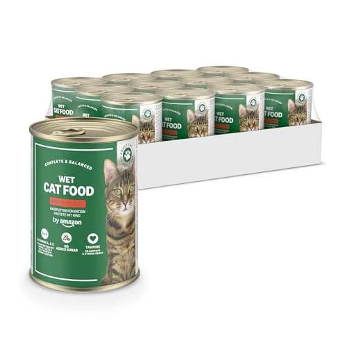 Offerta a tempo: by Amazon Cibo umido per gatti senza cereali, in barattolo, paté di manzo, 12 x 400 g - 55% da 14.35 € a 6.50 €