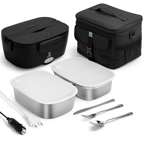 STN Electric Lunch Box Set 80W with 2 Stainless Steel Containers 1.5L, Isothermal Bags, Large Cutlery Set for 12V/24V/220V