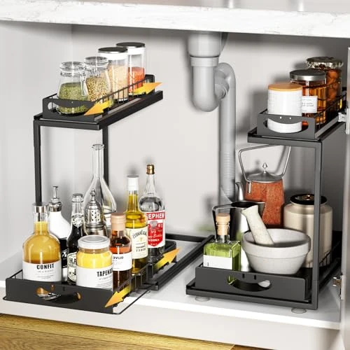SUMAITech Under Sink Organiser, Metal, 2 Tier Sink Organiser, Multifunctional Kitchen Shelf, Spice Racks for Cabinets Over 36 cm Depth, Black (Pack of 2)