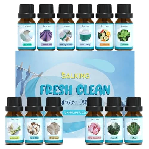 Offre limitee: SALKING Faire le ménage Huiles Essentielles, 12x10ML citronnelle, coton frais, linge frais, savon à la cerise, air pur, aloe vera, talc, champ de lavande, lessive à la sauge de plage, linge frais etc. de 23.99 EUR a 18.99 EUR (economie 21%)