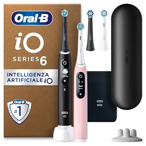 Oral-B iO Series 6 Plus Edition Duopack Electric Toothbrush, Travel Case, Recyclable Packaging, Black Lava/Pink Sand