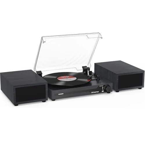 Udreamer Turntable with 2 Dual Stereo Speakers, Vintage Turntable Bluetooth 5.3 Supports 3 Speeds AUX In, RCA Line, USB, Wireless Playback, Black