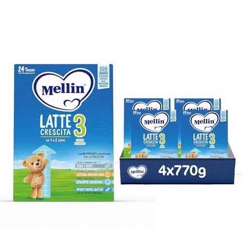 Offerta a tempo: MELLIN 3 - Latte di Crescita in Polvere per Bambini - dal 1° al 2° anno, Gusto Delicato - Confezione da 3080 grammi (4 pezzi da 770g) - 37% da 47.96 € a 29.99 €