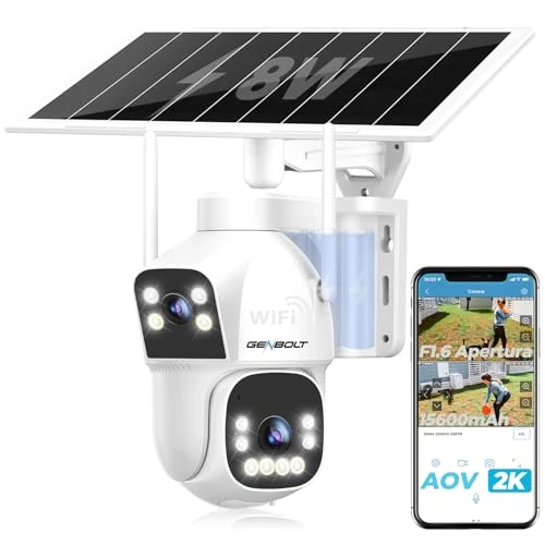 GENBOLT 2.5K AOV Solaire WiFi Caméra De Surveillance Extérieur sans Fil, Enregistrement 24/7 3MP+3MP IP Caméra Surveillance Batterie avec détection IA 90FT, 8W 15600mAh Caméra CCTV