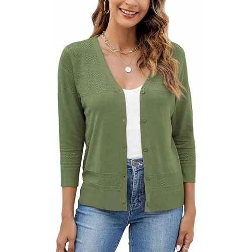 Oferta limitada: Neineiwu Chaqueta de punto para mujer, cuello en V, manga 3/4, cárdigan ligero y veraniego, Verde militar., XL de 27.53 € a 27.53 € (ahorro 0.00%)