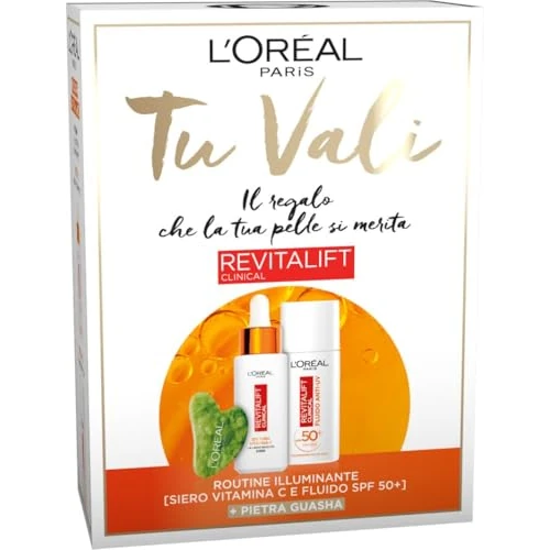 L'Oréal Paris Kerstbox 2024 met UV-beschermende vloeistof SPF50+ Revitalift Clinical, Vitamica C Revitalift Clinical Serum en Guasha-steen