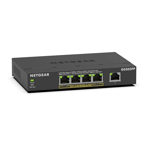 Offerta a tempo: NETGEAR Switch Ethernet Unmanaged (GS305PP) Switch Gigabit a 5 porte con 4 x PoE+ @ 83W, montaggio a parete o desktop - 32% da 109.99 € a 74.99 €