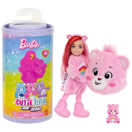 Barbie - Chelsea Cutie Reveal Serie Care Bears, mini bambola con costume di peluche e 6 accessori a sorpresa cambia colore, giocattolo per bambini, 3+ anni, JCN97