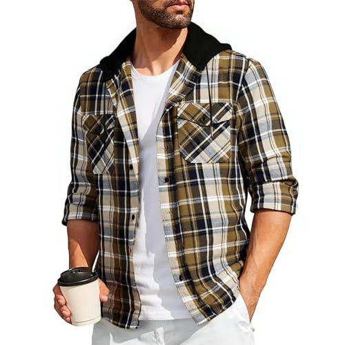 SwissWell Koszula męska flanelowa bluzy męskie koszule w kratę z długim rękawem casualowa koszula z kapturem M-3XL, Jasnobrązowy, XXL