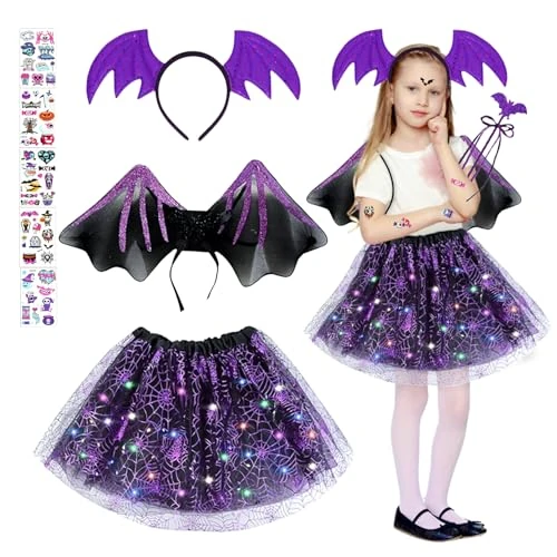 Offerta a tempo: JIASHA 4 pezzi Halloween Costume Pipistrello Ragazza,Kit Pipistrello Ragazza,Costume Carnevale Pipistrello Bambina,con Cerchio per Capelli,Gonna Tutù Viola, Ali e Borsa,per Halloween Cosplay (B) - 40% da 20.00 € a 12.00 €