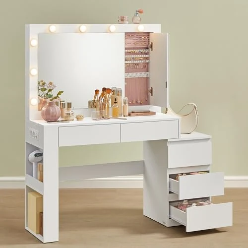 VASAGLE Modern Cloud White Dressing Table with LED Mirrored Vanity, 5 Drawers, Jewellery Cabinet, Power Strip, 40 x 125 x 140 cm