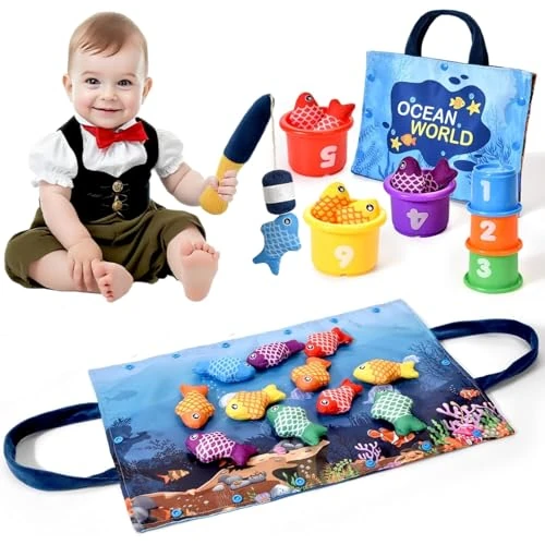 Tokiyis Gioco Montessori Pesca per Bambini 1-3 Anni - 12 Pesci Morbidi con Retino, Giocattolo Educativo per Sviluppo Motricità Fine e Coordinazione, Neonati 12-18 Mesi e Bambini