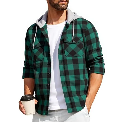 SwissWell Koszula męska w kratkę, z długim rękawem, kurtka koszulowa, męska koszula flanelowa, koszula drwala z kapturem, outdoorowa bluza z kapturem, M-3XL, zielony, L