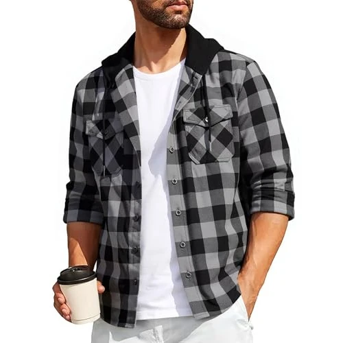 SwissWell Men's Checked Long Sleeve Shirt Jacket Men's Flannel Shirt Lumberjack Shirt with Hood Outdoor Hoodie Sweat Jacket M-3XL, darkgray, XXL