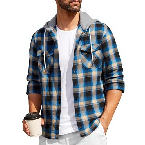 SwissWell Men's Checked Long Sleeve Shirt Jacket Men's Flannel Shirt Lumberjack Shirt with Hood Outdoor Hoodie Sweat Jacket M-3XL, blue-brown, XL