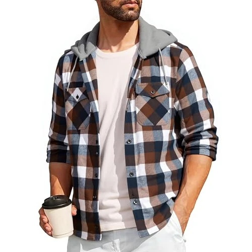 SwissWell Men's Checked Long Sleeve Shirt Jacket Men's Flannel Shirt Lumberjack Shirt with Hood Outdoor Hoodie Sweat Jacket M-3XL, Coffee brown, XL