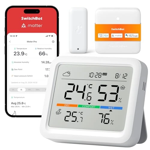 Offerta a tempo: SwitchBot Stazione Meteo WiFi, Monitor Temperatura/Umidità con Data e Previsione del Tempo, Termometro e Igrometro WiFi, Raggio Bluetooth di 120m, Esportazione Gratuita di Dati - 0.00% da 74.99 € a 74.99 €