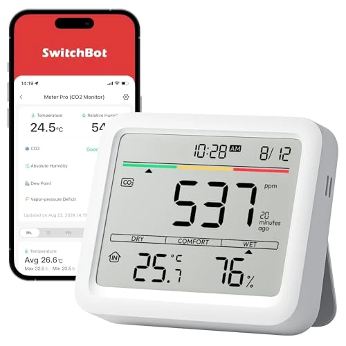 SwitchBot Detektor CO2 z wbudowanym higrometrem, monitor wilgotności, temperatury, Bluetooth, 2-letnie przechowywanie danych, SwitchBot Hub wymagany do funkcji WiFi