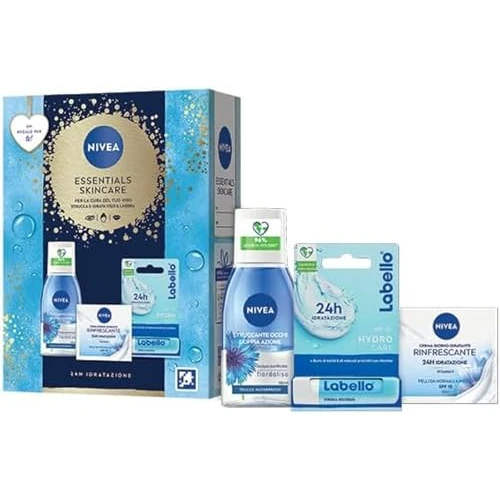 Offerta a tempo: NIVEA Essentials Skincare Kit cofanetto regalo donna, Set regalo donna con Crema Viso Idratante Rinfrescante 50 ml, Struccante Occhi Doppia Azione 125 ml e Burrocacao Labbra Labello Hydro Care 4.8 g - 35% da 14.99 € a 9.69 €