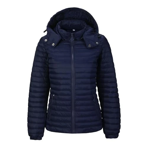 TONY BACKER Damska kurtka puchowa 100 gramów pół sezonu pikowana pikowana kurtka puchowa z odpinanym kapturem do pracy szkolnej motocykla na co dzień zajęcia na świeżym powietrzu DG004, Niebieska, S