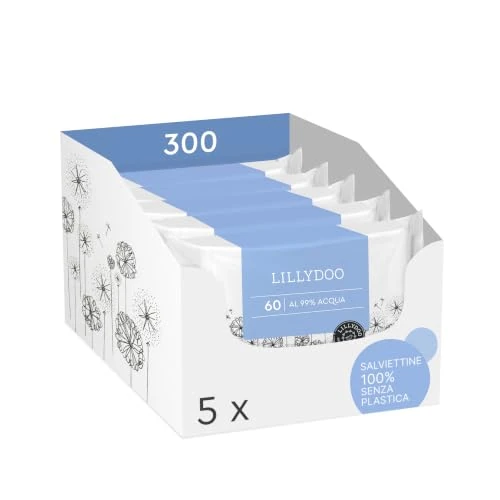 Offerta a tempo: Salviettine umidificate LILLYDOO al 99% acqua, 300 pezzi (5 x 60), 100% senza plastica, senza profumi e delicate come acqua e cotone - 11% da 16.19 € a 14.49 €
