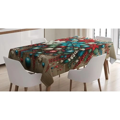ABAKUHAUS Christmas Tablecloth, Bold Poinsettia Xmas Art, Dining Room Kitchen Table Cover, 54" x 66", Dark turquoise Ruby Sepia
