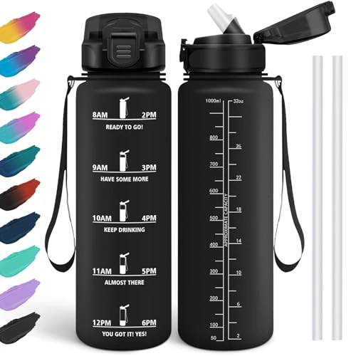 HoneyHolly Water Bottle 1 Litre, Leak-Proof, Drinking Bottle for Carbonated Drinks, Water Bottle BPA-Free, Water Bottle with Straw, Sports Water Bottle for School, Bike, Fitness