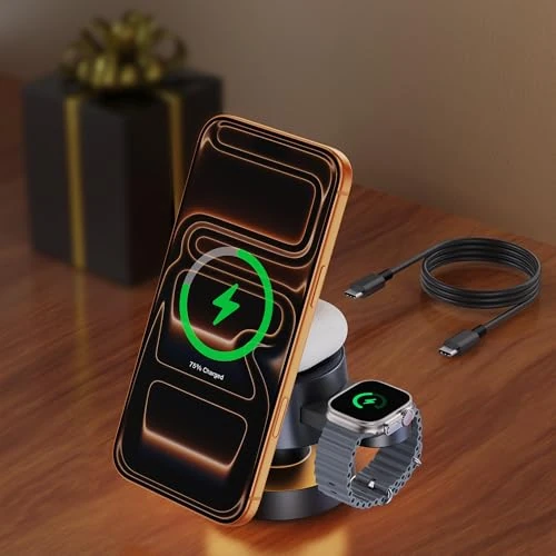 iVANKY for iPhone 16 Pro Max 4 in 1 Wireless Charging Station Cube with Night-Lamp for MagSafe Magnetic Charger, 22.5 W Travel Stand, 3 in 1 Fast Charge for Apple iWatch Ultra, Airpods（Cyan）