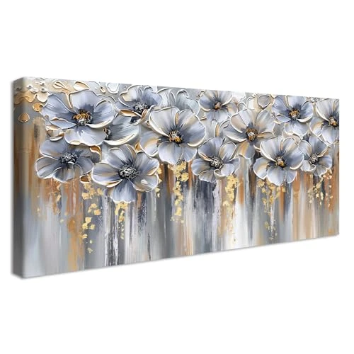 Tijdelijke aanbieding: Houten ingelijste canvas muurkunst goudgrijze bloemen schilderij op canvas prints poster vintage abstracte bloemen afbeeldingen voor woonkamer slaapkamer restaurant thuiskantoor wanddecoratie 50x120cm van 39.99 EUR naar 39.99 EUR (korting 0%)