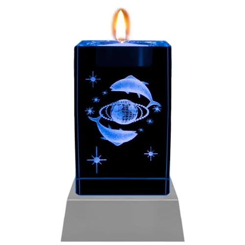 Kaltner Präsente Sfeerlicht - Een heel bijzonder cadeau: led-kaars/kristallen glazen blok/3D-laser-gravure theelichthouder sterrenbeeld vissen/verlichting in regenboogkleuren