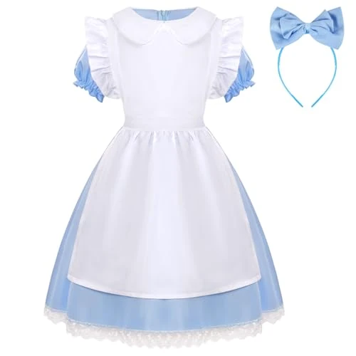 Aomig Alice in Wonderland Dress Costume Set With Hairband for Girls - Blue and White Fancy Outfit for Kids and Toddler Book Day Halloween