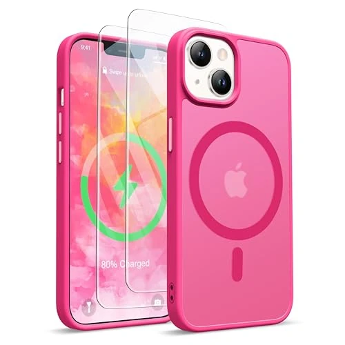 ORETECH Magnética para Funda iPhone 14/13, Compatible con mag-Safe, con [2X Protector de Pantalla] Antichoque Antigolpes Translúcida Mate Trasera para Carcasa iPhone 13/14, Rosa Intenso