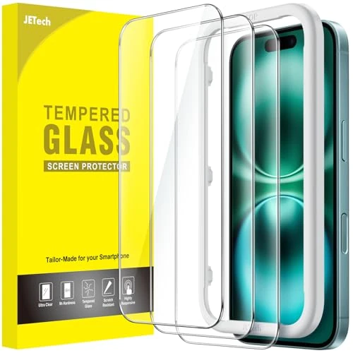 JETech Protection D'écran pour iPhone 16 Plus 6,7 Pouces, Film en Verre Trempé avec Outil d'Installation Facile, Compatible Coque, Transparent HD, Lot de 3