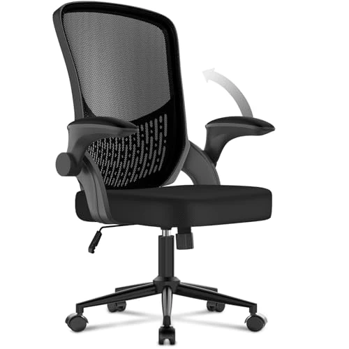 naspaluro Office Chair, Ergonomic Office Chair with 90° Folding Armrests, Ergonomic Lumbar Office Chair, Breathable Mesh Cover, 360° Swivel Chair with Swing Function, Black
