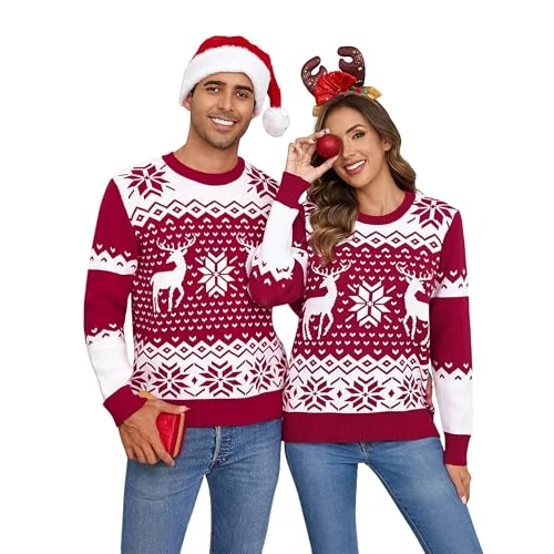 Demegimi Men's Christmas Jumper Soft Sweater Snowflake Reindeer Pullover Crew Neck Christmas Sweater Novelty Knitted Xmas Jumpers for Men Red