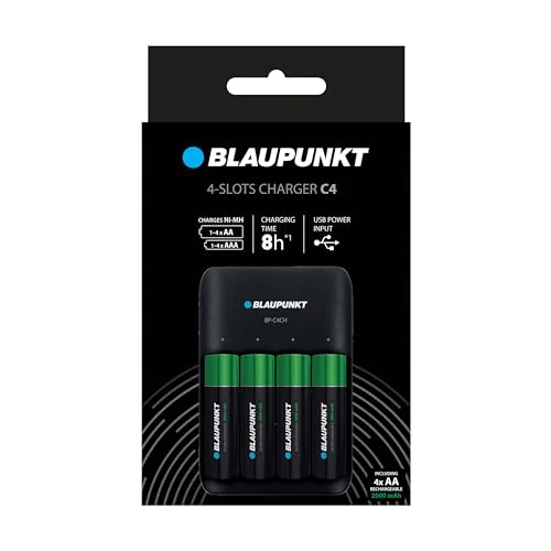 Blaupunkt Caricabatterie USB per 1-4 pile ricaricabili AA/AAA, tempo di ricarica 8-10 h, 4 pile incluse - 2000 mAh
