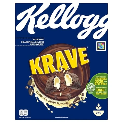 Offerta a tempo: Kellogg's Krave Cookies & Cream | Gusto Biscotto e Crema | Cereali per la Colazione | Confezione Singola da 375g (1 x 375g) — 45% da 4,49 € a 2,49 €