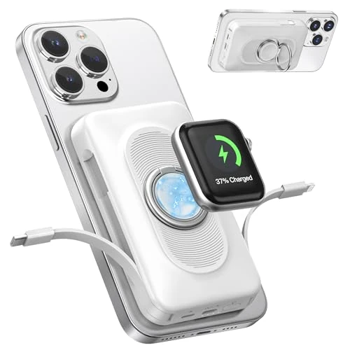 Offre limitee: Genmiflye Magnétique Batterie Externe avec 2 câbles Intégré, Chargeur Portable 5 en 1 pour Apple Watch, 10000 mAh Power Bank, sans Fil, avec Support annulaire, pour iPhone 16/15/14/13, iWatch Ultra de 35.99 EUR a 35.99 EUR (economie 0%)