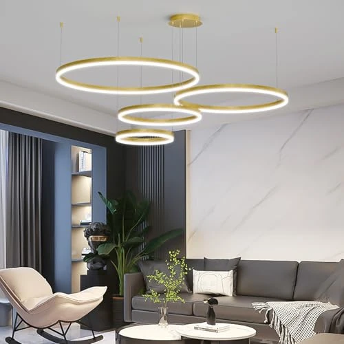 Mikeru Goldener Höhenverstellbarer Pendelleuchte 4 Ringe, 40+60+80+100cm Moderne LED Pendelleuchten 10% Bis 100% Dimmbare Hängeleuchte Modern LED Esszimmer 3000k/4500k/6000k für Büro, Halle