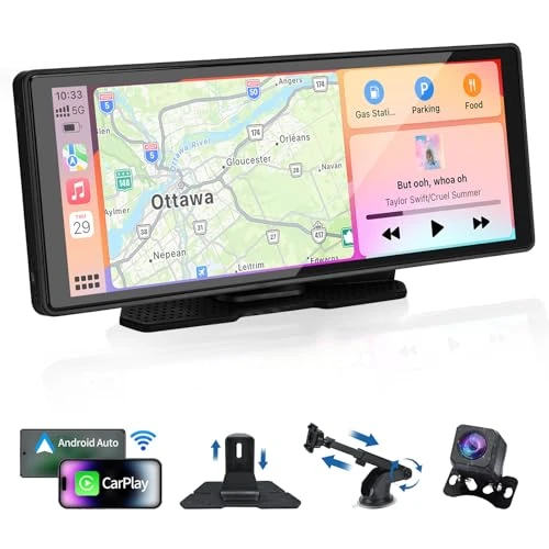 Podazz Draadloze A-pple Car Play & Android Auto Autoradio, draagbare 10,26 inch IPS-touchscreen-autoradio met 1080p achteruitrijcamera, Carplay-scherm met Bluetooth 5.0/Mirror Link/FM/AUX/Siri/Type C